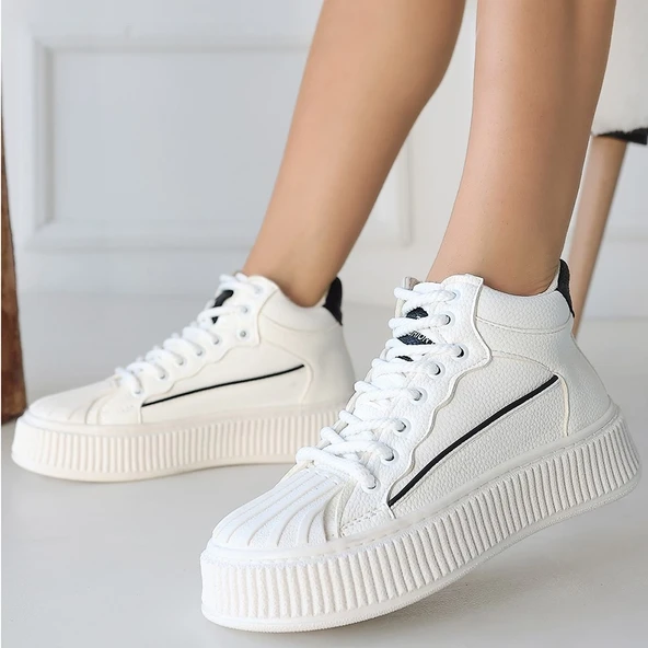 Estim Beyaz Cilt Siyah Detaylı Bağcıklı Spor Ayakkabı - Resim 12