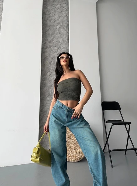 BİÇOMİ Baggy taş enzim bıyık yıkama jeans pantolon yeşil tint d2007 - Resim 5