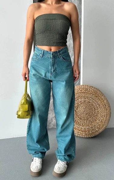 BİÇOMİ Baggy taş enzim bıyık yıkama jeans pantolon yeşil tint d2007 - Resim 4