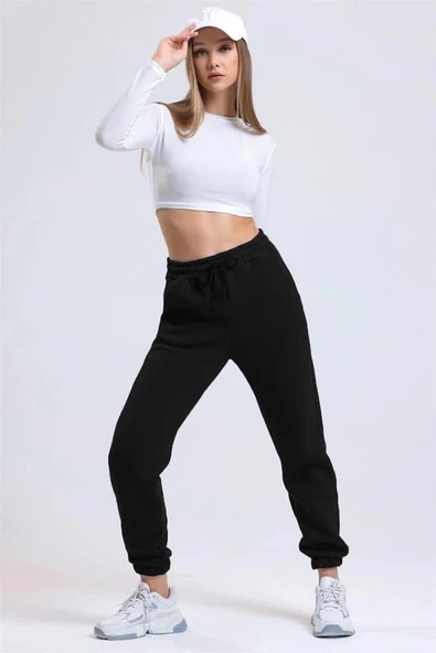 BİÇOMİ 3 iplik şardonlu paça lastikli eşofman siyah is001 - Resim 2