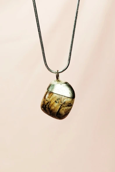 LitaeTrend Jasper Doğal Taşı Zincirli El Yapımı Kolye Uç: 2 cm Zincir: 20 cm Kutulu - Resim 3