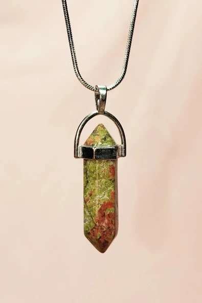 LitaeTrend Unakit Doğal Taşı Zincirli El Yapımı Kolye Uç: 3 cm Zincir: 20 cm Kutulu - Resim 3