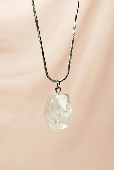 LitaeTrend Kuvars Doğal Taşı Zincirli El Yapımı Kolye Uç: 2 cm Zincir: 20 cm Kutulu - Resim 3