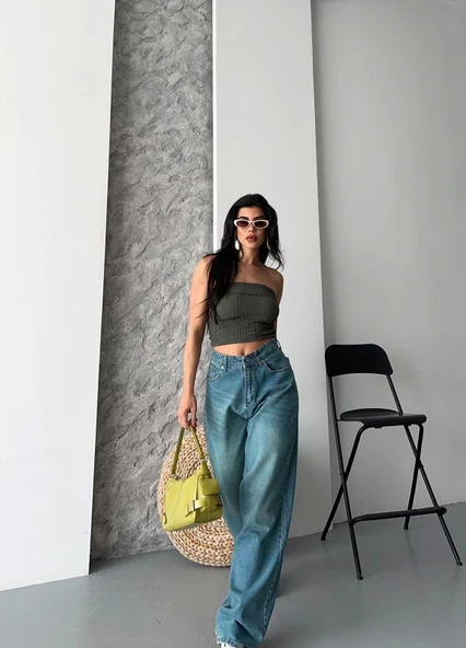 BİÇOMİ Baggy taş enzim bıyık yıkama jeans pantolon yeşil tint d2007 - Resim 2