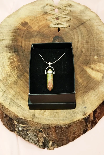LitaeTrend Unakit Doğal Taşı Zincirli El Yapımı Kolye Uç: 3 cm Zincir: 20 cm Kutulu - Resim 4