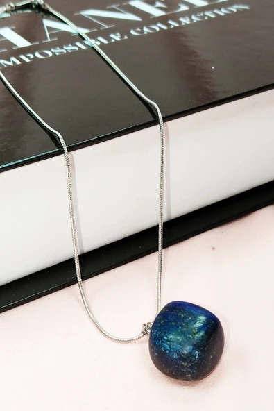 LitaeTrend Lapis Lazuri Doğal Taşı Zincirli El Yapımı Kolye Uç: 2 cm Zincir: 20 cm Kutulu - Resim 3