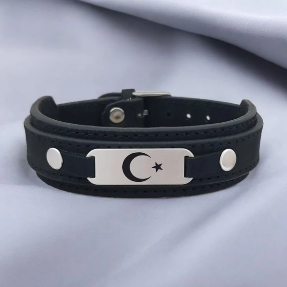 Sembole Özel Hakiki Siyah Derili 925 Ayar Gümüş Plakalı Oval Figürlü Hediye Bileklik-421 ürün görseli