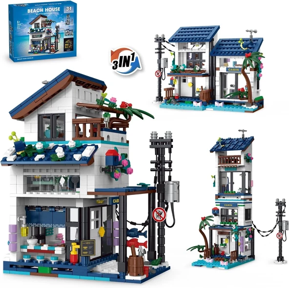 NEWABWN 3'ü 1 Arada Plaj Evi Yapım Seti, Işıklı İnşaat Eğitici Oyuncağı - 813 Parça