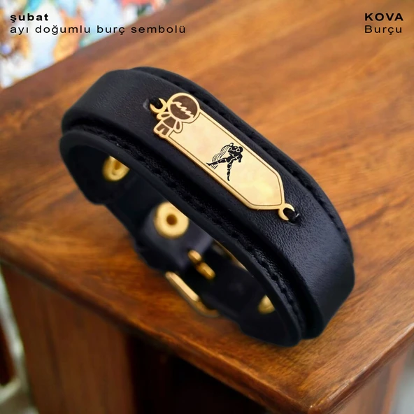 Burca Özel Erkek Çocuk Motifli Hakiki Siyah Derili 14 Ayar Altın Plakalı Hediye Bileklik-423 - Resim 2
