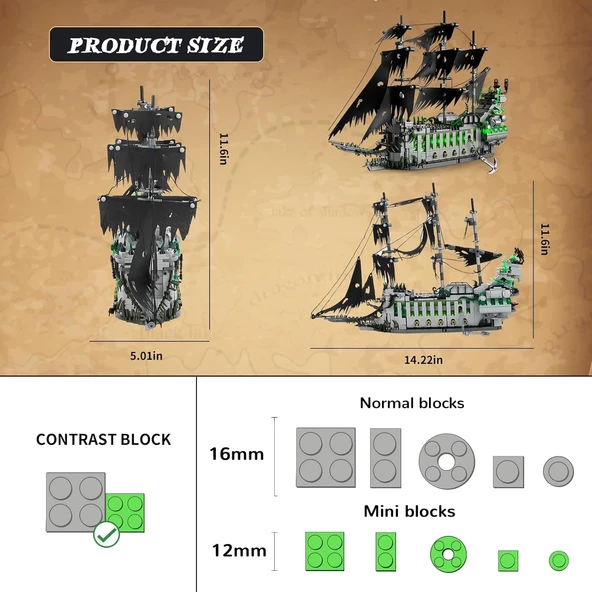 NEWABWN Işıklı Korsan Uçan Gemi Mini Yapı Blokları Seti, Hayalet Gemi - 1573 Parça - 2