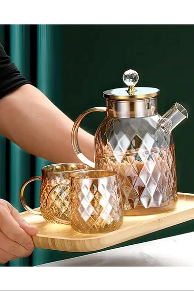 LitaeTrend Kabartmalı Bambu Kapaklı Borosilikat Cam Demlik 1500ml Royaleks-CM-2005 - 1