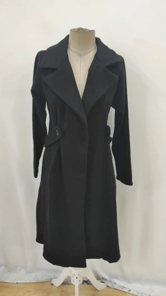 Kadın Uzun Kollu Yakalı Belde şerit Düğme Detaylı Cepli Mini Kaşe Kaban - 6