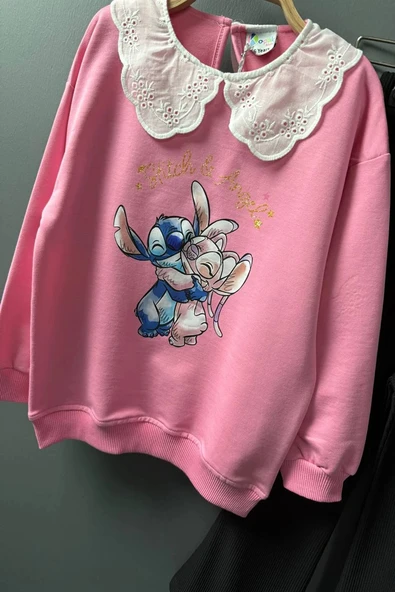 Yaka Detaylı Stitch Desenli Pembe Renk Kız Çocuk Takım - 5