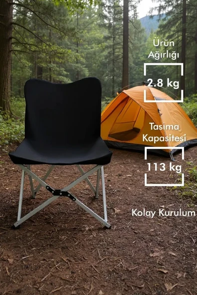 Katlanabilir Lüx Kamp ve Piknik Sandalyesi - Kalın Alüminyum İskelet - Taşıma Çantalı - Siyah - Resim 2