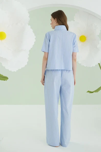 Mavi Kurdele Önden Düğmeli Pijama Takım - Resim 4