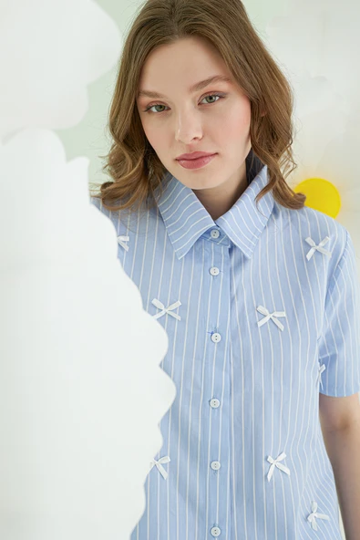 Mavi Kurdele Önden Düğmeli Pijama Takım - Resim 3