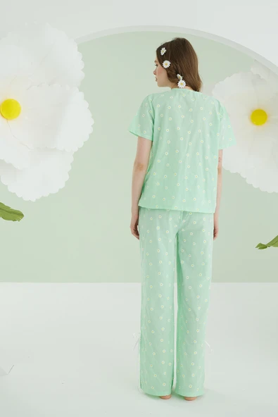 Yeşil Papatya Desenli Önden Bağlamalı Pijama Takımı - Resim 5