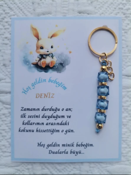 100 Adet İsme Özel Tasarım Mavi Anahtarlık Hastane Yeni Doğan 40 Mevlidi Dağıtmalık Hediyelik ürün görseli