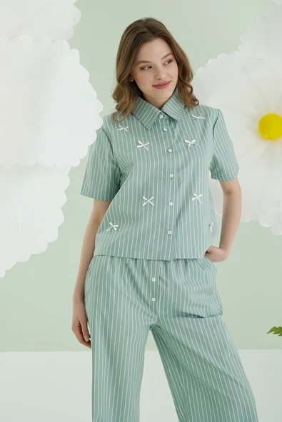 Yeşil Kurdele Önden Düğmeli Pijama Takım - Resim 2