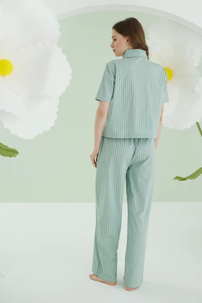 Yeşil Kurdele Önden Düğmeli Pijama Takım - Resim 3