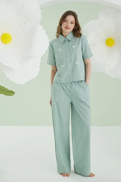 Yeşil Kurdele Önden Düğmeli Pijama Takım ürün görseli