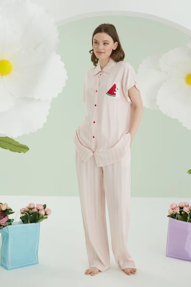 Pembe Karpuz Desenli Önden Düğmeli Pijama Takım - Resim 2
