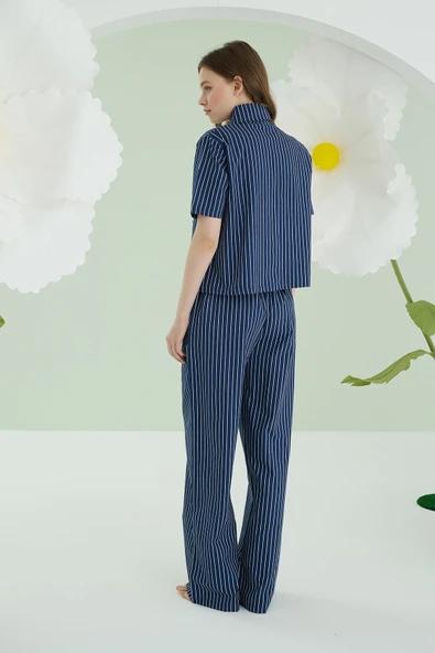 Lacivert Kurdele Önden Düğmeli Pijama Takım - Resim 2