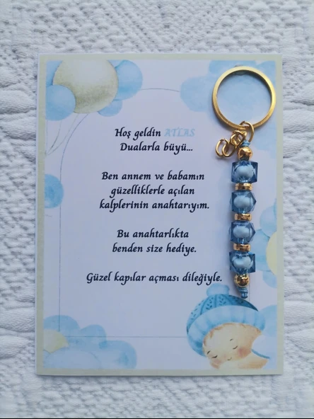 100 Adet İsme Özel Tasarım Mavi Anahtarlık Hastane Yeni Doğan 40 Mevlidi Dağıtmalık Hediyelik ürün görseli