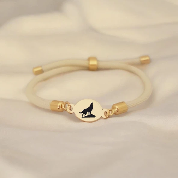 Sembole Özel Beyaz İpek Örgülü 14 Ayar Altın Plakalı Oval Motifli Hediye Bileklik-424 ürün görseli