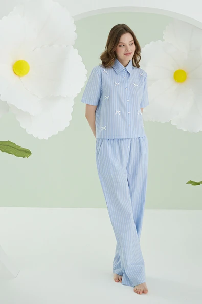 Mavi Kurdele Önden Düğmeli Pijama Takım ürün görseli 1