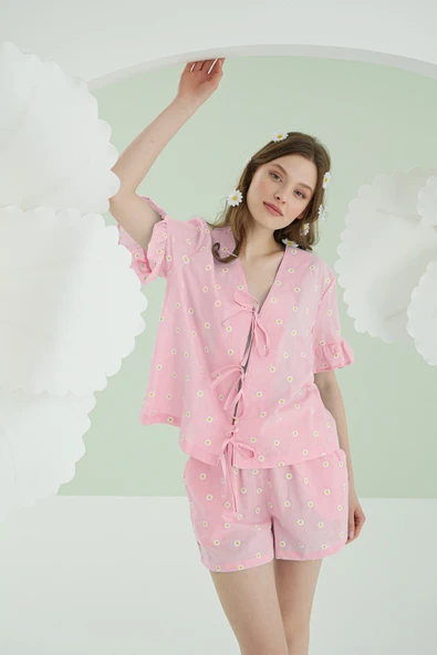 Pembe Papatya Şortlu Önden Bağlamalı Pijama Takımı ürün görseli 1