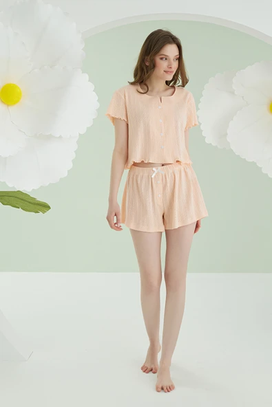 Somon Önden Düğmeli Crop Şort Takım - Resim 3
