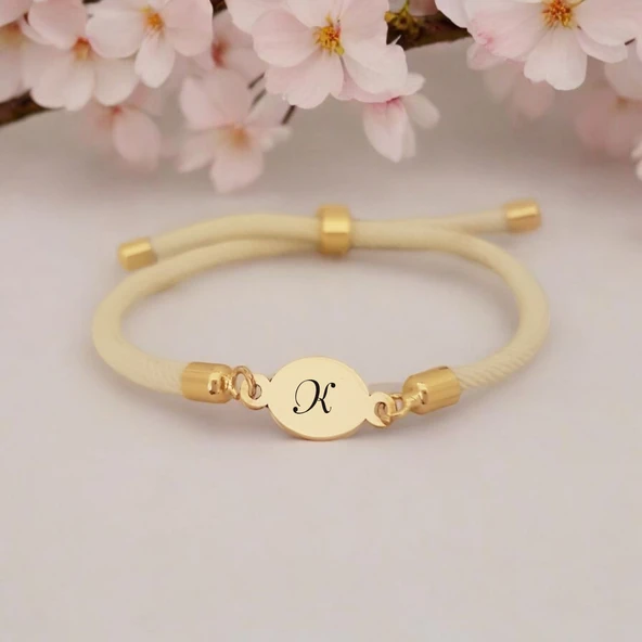 Harfe Özel 14 Ayar Altın Plakalı Oval Motifli Beyaz İpek Örgülü Hediye Bileklik-424 ürün görseli