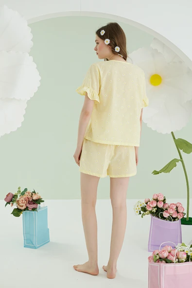 Sarı Papatya Şortlu Önden Bağlamalı Pijama Takımı - Resim 4