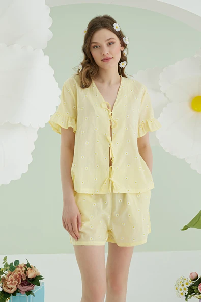 Sarı Papatya Şortlu Önden Bağlamalı Pijama Takımı - Resim 3