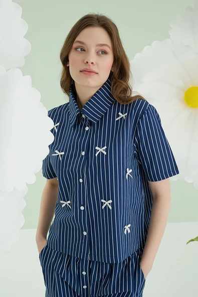 Lacivert Kurdele Önden Düğmeli Pijama Takım - Resim 3