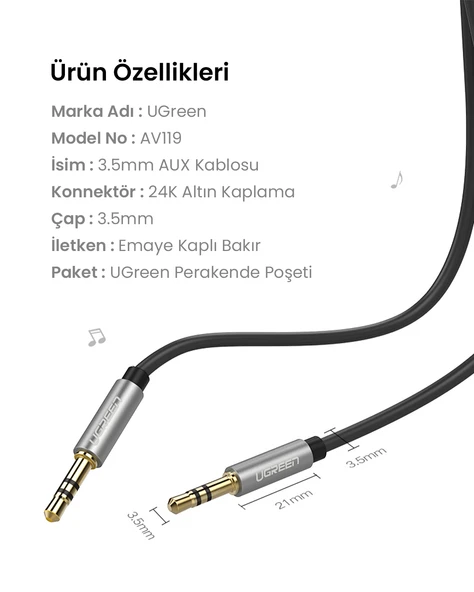 UGREEN 3.5 mm Aux Ses Kablosu, 2 Metre, Siyah, 10735 - 11
