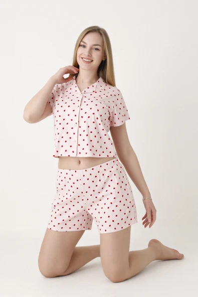 Pembe Berry Şortlu Crop Önden Düğmeli Pijama Takımı - Resim 4