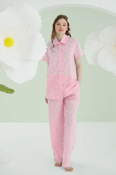 Pembe Papatyalı Önden Düğmeli Pijama Takımı ürün görseli