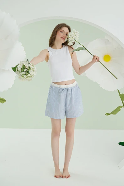 Mavi Kurdele Crop Şort Takım - Resim 4