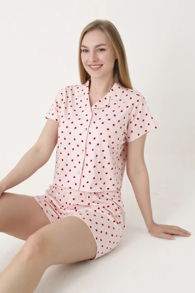 Pembe Berry Şortlu Crop Önden Düğmeli Pijama Takımı ürün görseli 1