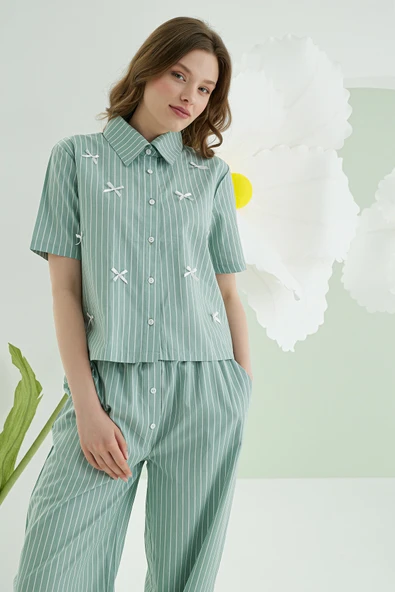 Yeşil Kurdele Önden Düğmeli Pijama Takım - Resim 4