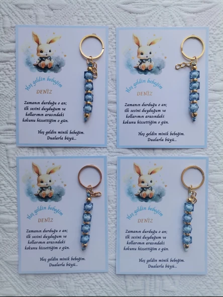 72 Adet İsme Özel Tasarım Mavi Anahtarlık Hastane Yeni Doğan 40 Mevlidi Dağıtmalık Hediyelik - 3