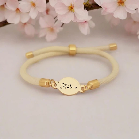 İsme Özel Oval Motifli Beyaz İpek Örgülü 14 Ayar Altın Plakalı Hediye Bileklik-424 ürün görseli