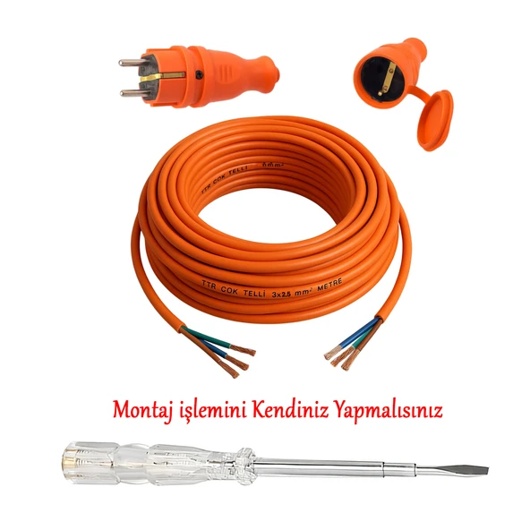 Seyyar 10 Metre Uzatma Kablosu TTR CCA Çok Telli 3x2.5 mm Elektrik Kablo Kontrol Kalem Dişi Erkek Fiş - Resim 3