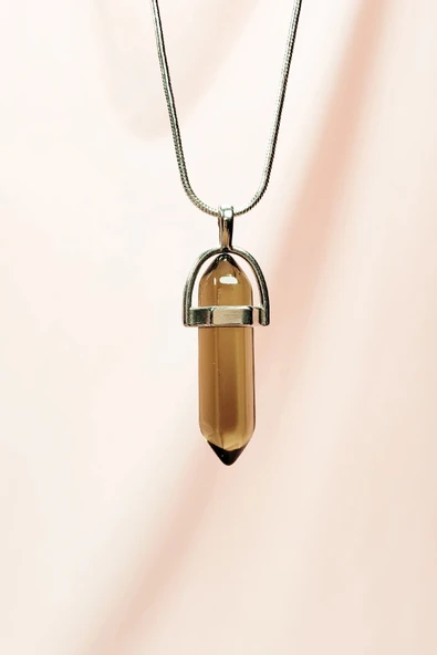 LitaeTrend Dumanlı Kuvars Doğal Taşı Zincirli El Yapımı Tasarımlı Kolye Uç: 3,5 cm Zincir: 20 cm Kutulu ürün görseli 1