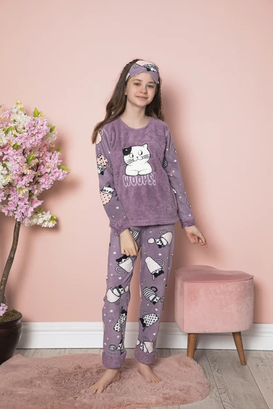 Kız Çocuk Welsoft Kumaş-Göz Bantlı Kedicik Baskılı Pijama Takımı 12282 - 2