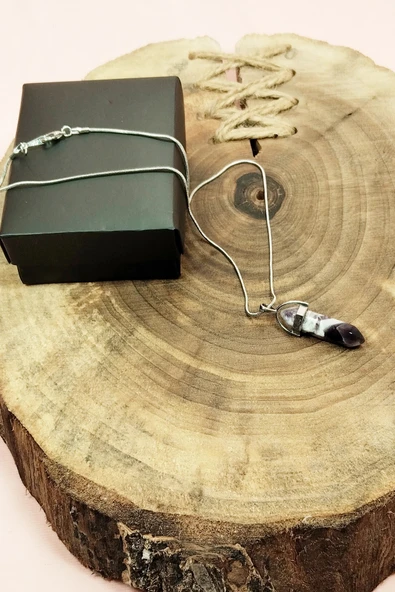 LitaeTrend Ametist Doğal Taşı Zincirli El Yapımı Tasarımlı Kolye Uç: 3,5 cm Zincir: 20 cm Kutulu - Resim 4