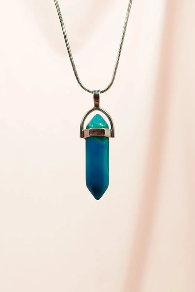 LitaeTrend Aquamarin Doğal Taşı Zincirli El Yapımı Tasarımlı Kolye Uç: 3,5 cm Zincir: 20 cm Kutulu ürün görseli 1