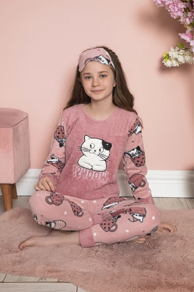 Kız Çocuk Welsoft Kumaş-Göz Bantlı Kedicik Baskılı Pijama Takımı 12282 - 3